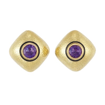 Lot 7 - Pair of Hammered Gold, Amethyst and Black Enamel Earclips, David Webb