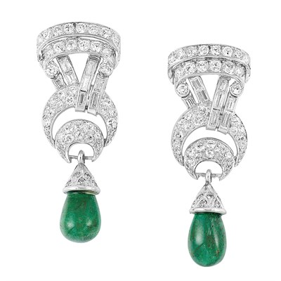 Lot 599 - Pair of Art Deco Platinum, Diamond and Emerald Pendant-Earrings