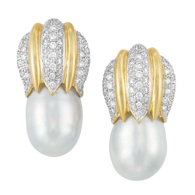Lot 130 - Pair of Gold, Diamond and Semi-Baroque Cultured Pearl Earclips