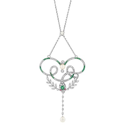 Lot 624 - Belle Epoque Platinum, Gold, Diamond, Emerald and Pearl Serpent Pendant-Brooch Necklace
