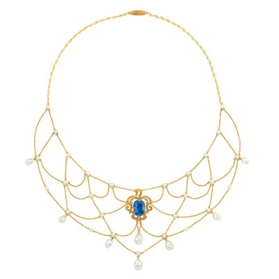 Lot 428 - Antique Gold, Sapphire and Freshwater Pearl Swag Necklace