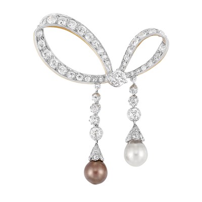 Lot 426 - Belle Epoque Platinum, Gold, Diamond and Natural Pearl Bow Brooch, Tiffany & Co.