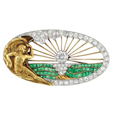 Lot 392 - Art Nouveau Gold, Platinum, Diamond and Emerald Brooch