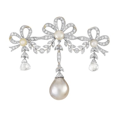 Lot 417 - Belle Epoque Platinum, Gold, Diamond and Natural Pearl Brooch