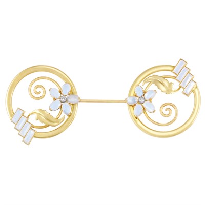 Lot 466 - Retro Gold, Platinum, Moonstone and Diamond Jabot, Bailey, Banks & Biddle