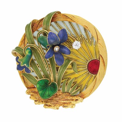Lot 391 - Art Nouveau Gold, Plique-a-Jour Enamel, Enamel and Diamond Brooch