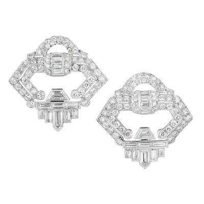 Lot 637 - Pair of Art Deco Platinum and Diamond Clips