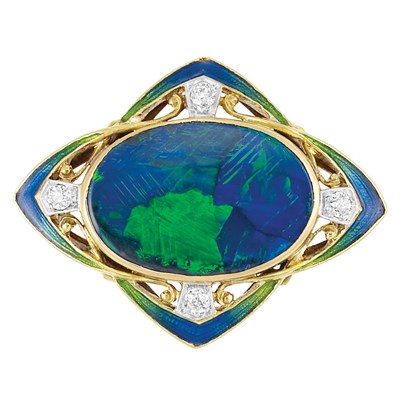 Lot 427 - Art Nouveau Gold, Platinum, Black Opal, Diamond and Enamel Brooch