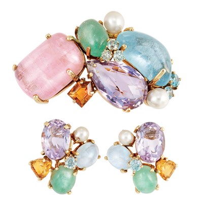 Lot 233 - Gold, Cabochon Colored Stone, Gem-Set and Cultured Pearl Clip-Brooch and Pair of Earclips