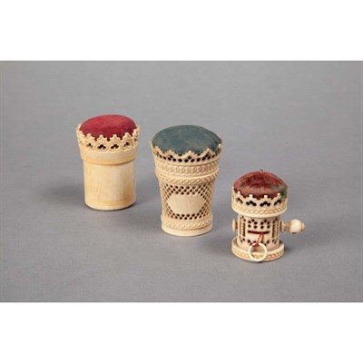 Lot 1236 - Group of Three Ivory Pin Cushions Each with...