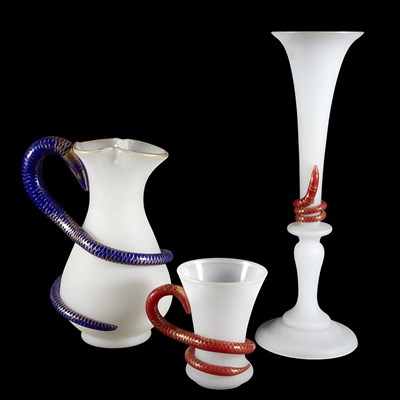Lot 1441 - Group of Three Snake Decorated Frosted Glass...