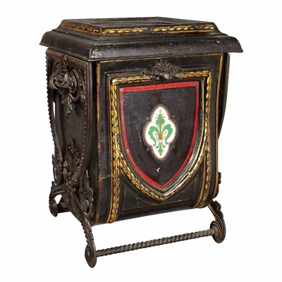 Lot 1489 - Victorian Painted Tole and Iron Cole Bin In...