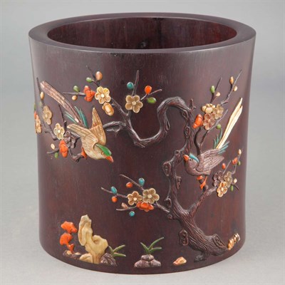 Lot 490 - Chinese Inlaid Wood Brushpot Of cylindrical...