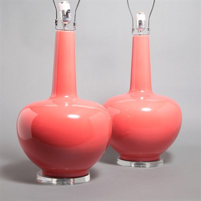 Lot 510 - Pair of Coral Glazed Porcelain Lamps on Lucite...