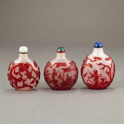 Lot 175 - Group of Three Chinese Red Overlay Glass Snuff...