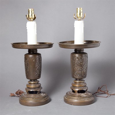 Lot 529 - Pair of Japanese Bronze Lamps Height 19 inches.