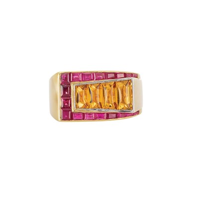 Lot 239 - Retro Gold, Sugarloaf Cabochon Citrine and Ruby Ring