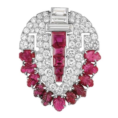 Lot 638 - Art Deco Platinum, Diamond, Ruby and Carved Ruby Clip