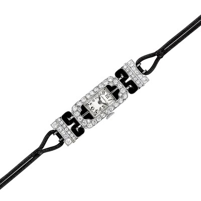 Lot 610 - Art Deco Platinum, Diamond and Black Onyx Wristwatch, Lacloche, France