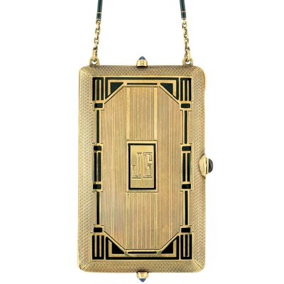 Lot 171 - Art Deco Gold and Black Enamel Vanity with Gold and Black Enamel Carrying Chain