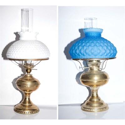Lot 237 - Two Brass and Glass Oil Lamps Height of taller...