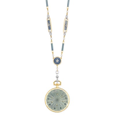 Lot 252 - Long Gold, Platinum, Guilloche Enamel, Enamel Diamond and Seed Pearl Chain with Pendant-Watch and Pair of Pendant-Earrings