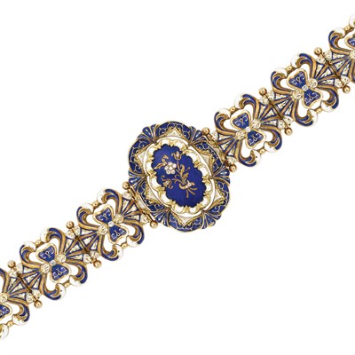 Lot 250 - Gold, Royal Blue and White Enamel and Diamond Bracelet and Pair of Pendant-Earrings