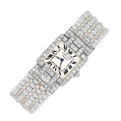 Lot 625 - Art Deco Platinum, Pearl and Diamond Wristwatch, Cartier, France