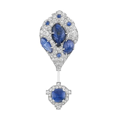 Lot 640 - Art Deco Platinum, Carved Sapphire and Diamond Jabot, Cartier