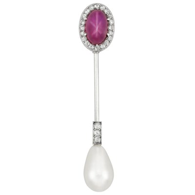 Lot 622 - Art Deco Platinum, Star Ruby, Natural Pearl and Diamond Jabot, Cartier