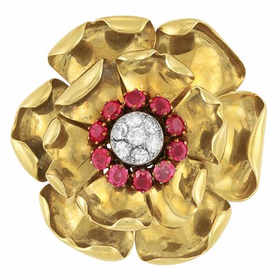 Lot 456 - Retro Gold, Platinum, Diamond and Ruby Flower Clip, Chaumet, France