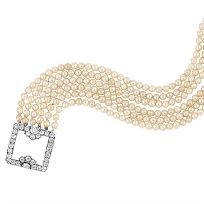 Lot 94 - Six Strand Cultured Pearl Bracelet with Art Deco Platinum and Diamond Clasp