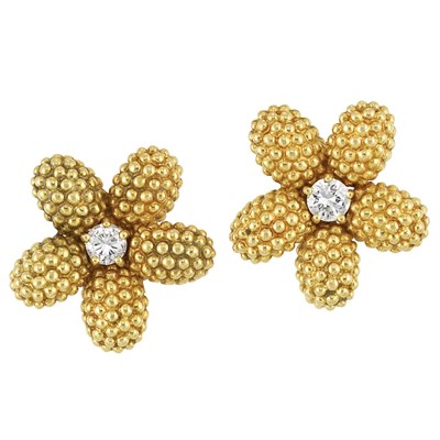 Lot 263 - Pair of Gold and Diamond Flower Earclips, Van Cleef & Arpels