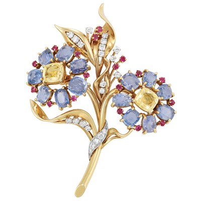 Lot 921 - Gold, Platinum, Gem-Set and Diamond Flower Brooch, Ruser