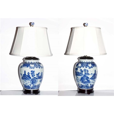 Lot 391 - Pair of Chinese Blue and White Porcelain Lamps...