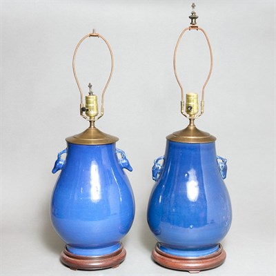 Lot 596 - Pair of Chinese Blue Glazed Porcelain Lamps...