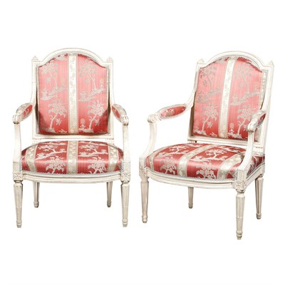 Lot 382 - Pair of Louis XVI White Painted Fauteuils a la...