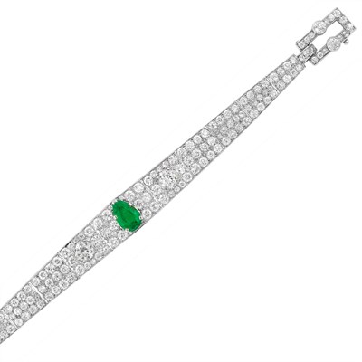 Lot 651 - Art Deco Platinum, Emerald and Diamond Bracelet, Cartier