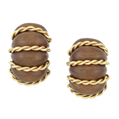 Lot 77 - Pair of Gold and Wood Half-Hoop Earclips, Seaman Schepps