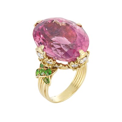 Lot 149 - Gold, Pink Tourmaline, Diamond and Demantoid Garnet Ring