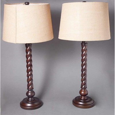 Lot 210 - Pair of Stained Wood Barley Twist Lamps Each...