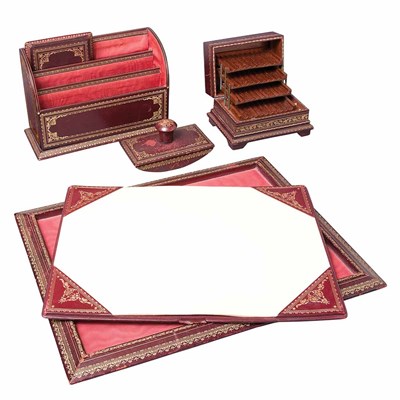 Lot 305 - Red Leather and Gilt Tooled Five-Piece Desk Set