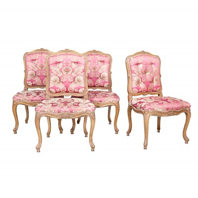 Lot 159 - Set of Eight Louis XV Style Fruitwood and Silk...