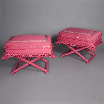 Lot 143 - Pair of Silk Upholstered Folding Stools Each...