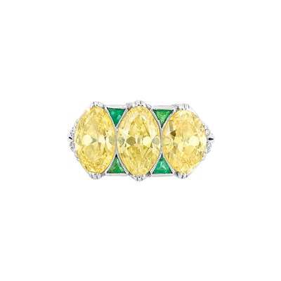 Lot 649 - Art Deco Platinum, Fancy Vivid and Intense Yellow Diamond and Emerald Ring