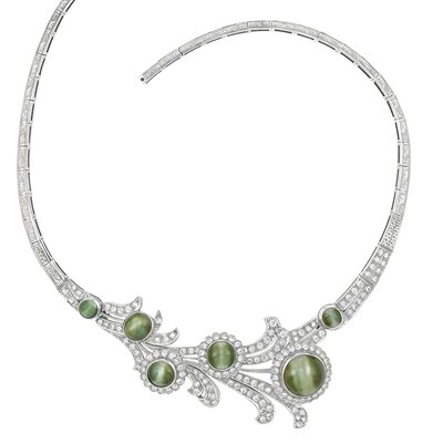 Lot 573 - Platinum, Low Karat White Gold, Cat's Eye and Diamond Necklace