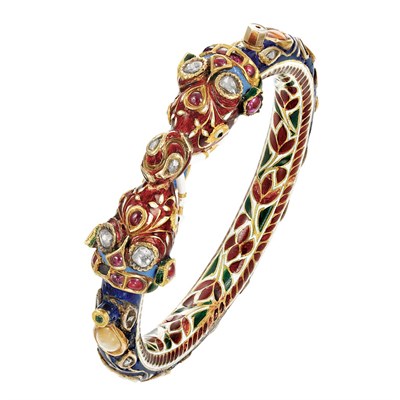 Lot 248 - Indian Gold, Enamel, Jaipur Enamel, Foiled-Back Diamond and Gem-Set Bangle Bracelet