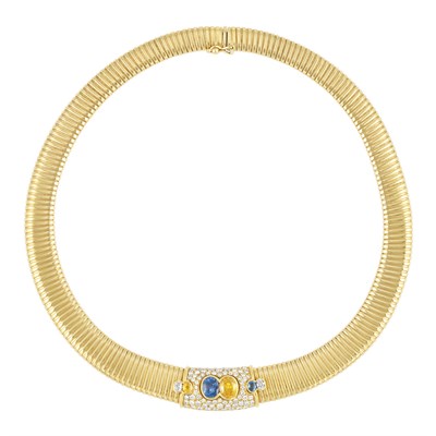 Lot 146 - Gold, Sapphire, Yellow Sapphire and Diamond Snake Link Necklace