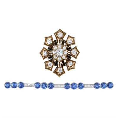 Lot 168 - Antique Gold, Diamond and Enamel Pin and Art Deco Platinum, Sapphire and Diamond Bar Pin