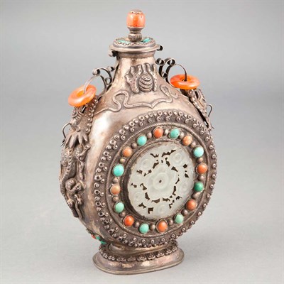 Lot 512 - Chinese Jade Inset Silver Flask Early 20th...